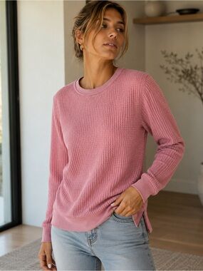 L.L.Bean Women’s XS Pink Waffle Knit Side Zip Long Sleeve Crewneck Top